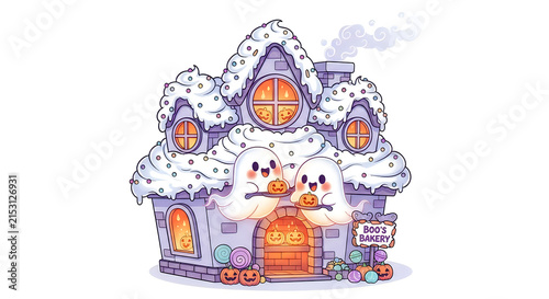 A whimsical hand drawn illustration of a spooky house for a hallowen celebration