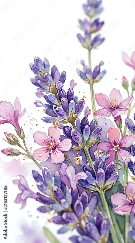 Fototapeta premium Watercolor lavender and pink blossoms on white background, delicate