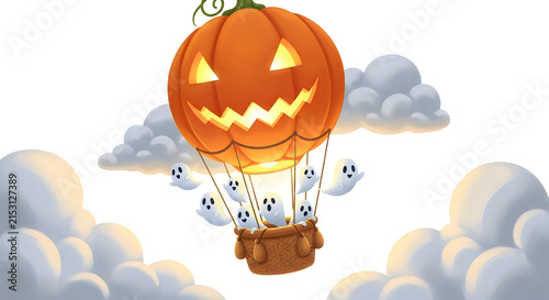 A spooky pumpkin hot air balloon floating in the sky for a hallowen celebration