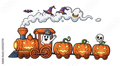 Cute watercolor illustration of a pumpkin train celebrating the fun hallowen holiday season