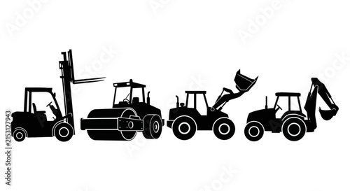 Heavy construction vehicles in black silhouette on white background with silhouette against row heavy engineering industrial machinery equipment