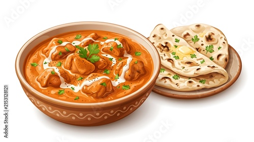 Delicious Chicken Curry in Traditional Bowl with Butter Naan on White Background for Culinary Blogs and Restaurant Menus
