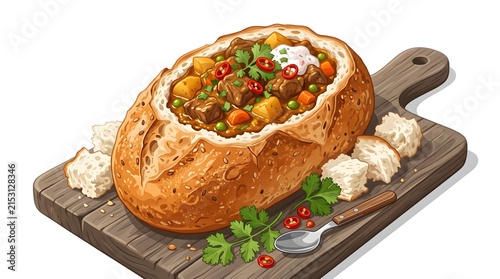 ** Delicious Beef Stew Served in Rustic Bread Bowl on Wooden Board with Herbs and Garnishes for Culinary Presentation