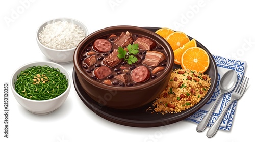 Traditional Brazilian Feijoada with Rice, Orange, and Farofa on Rustic Table Setting for Authentic Dining Experience