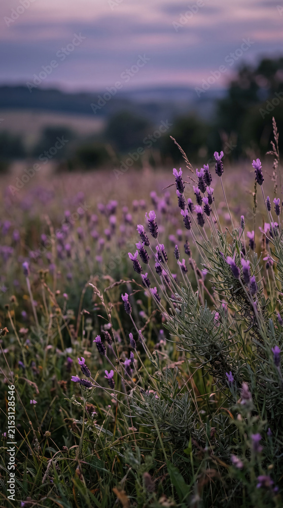 Obraz premium Field of purple lavender flowers at dusk, with rolling hills in the background, symbolizing peace, nature, and tranquility, ideal for serenity or natural beauty themes