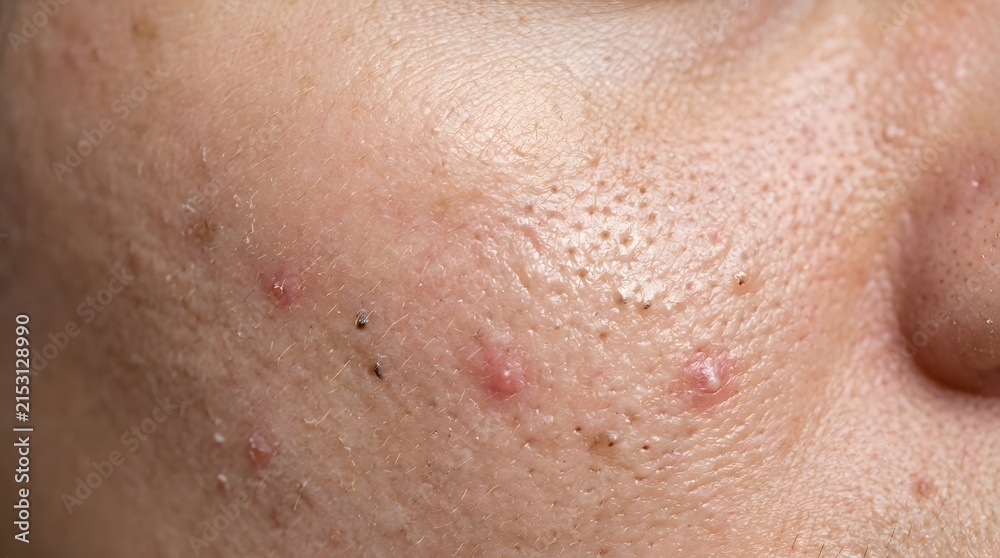 Fototapeta premium Macro photo of oily skin with acne and blackheads on a person's cheek for dermatology study
