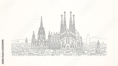 Intricate Line Drawing of Iconic Barcelona Skyline Featuring Historic Architecture for Travel Brochure Design