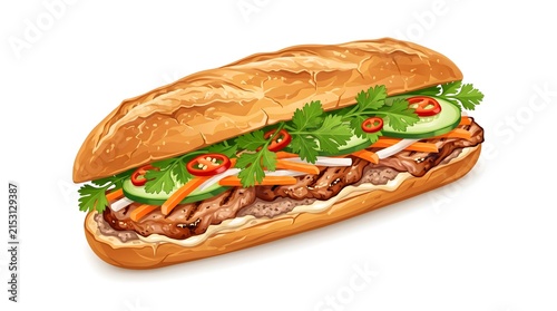 Delicious Vietnamese Banh Mi Sandwich with Fresh Vegetables and Herbs for Culinary Promotions
