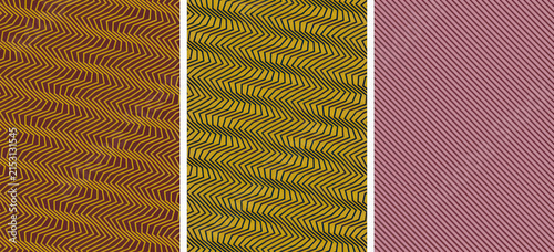 Set of three abstract seamless patterns with geometric shapes and diagonal lines in burgundy gold and pink colors