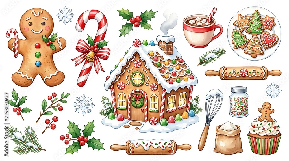 Fototapeta premium Christmas gingerbread house and baking elements isolated on white background