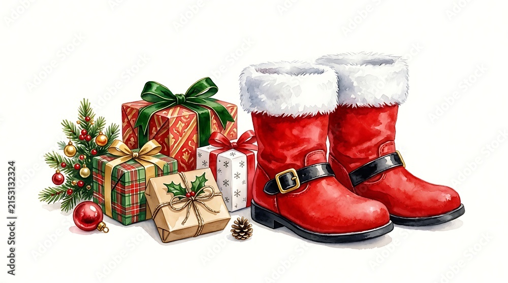 Naklejka premium Christmas composition with santa claus boots and wrapped gift boxes isolated on white background