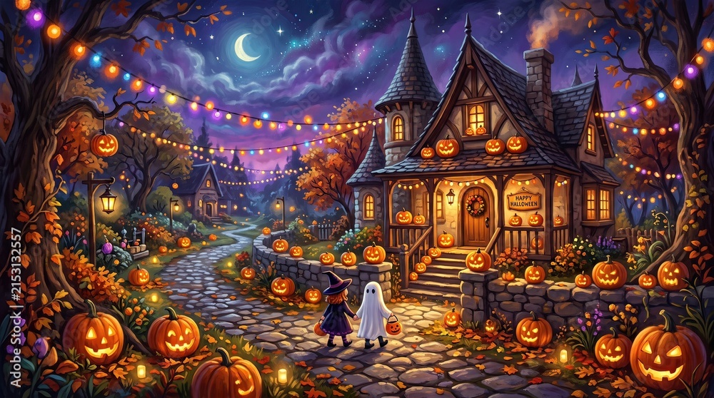 Fototapeta premium Whimsical halloween scene featuring a spooky decorated victorian house with glowing jack o lanterns under a moonlit sky