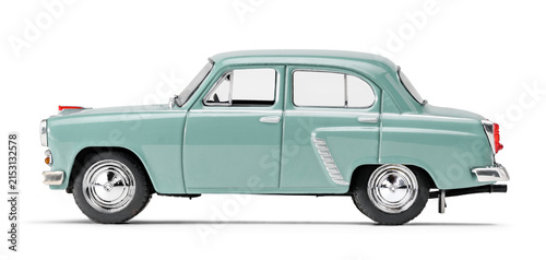 Blue retro toy car isolated on white