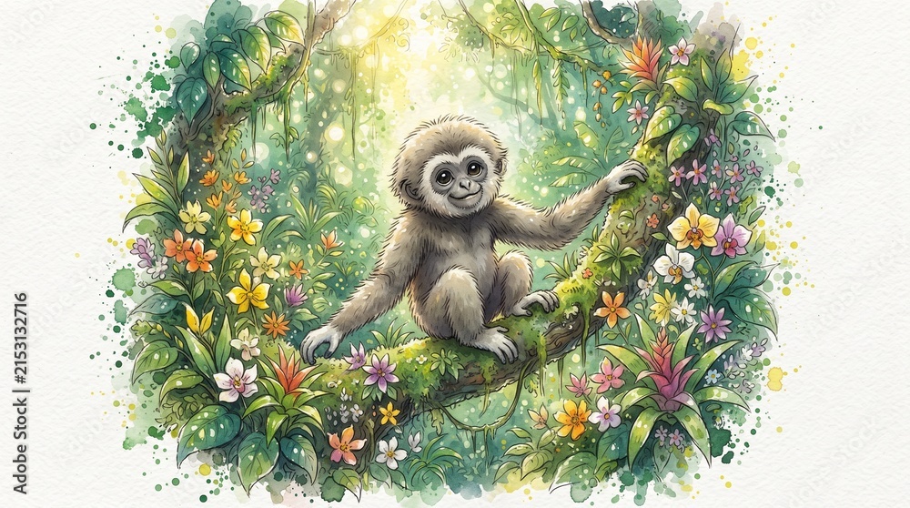 Obraz premium A playful sloth hangs effortlessly from a branch adorned with vibrant flowers and lush green leaves in a whimsical digital artwork.