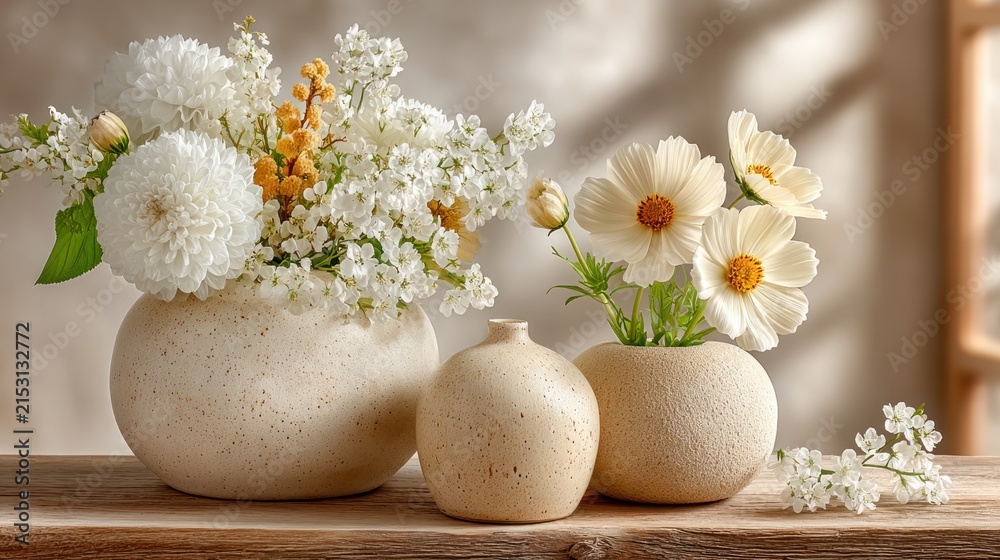 Obraz premium Three vases with flowers in them on a table plant background