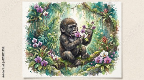 A young gorilla sits peacefully surrounded by lush greenery and delicate flowers in a vibrant, hand-painted illustration.
