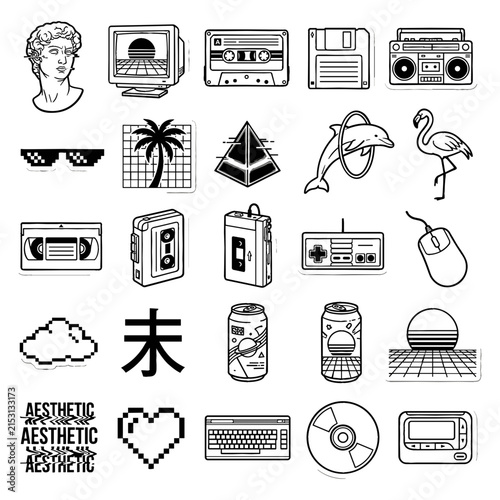Vaporwave and retro aesthetic digital elements collection with vaporwave aesthetic nostalgia nineties eighties