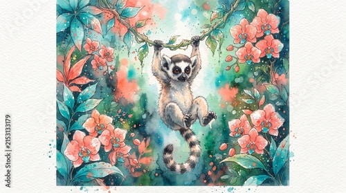 An artistic watercolor painting of a raccoon hanging from a branch amid a cascade of delicate pink flowers and verdant leaves.