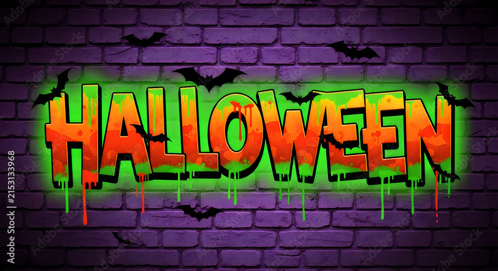 Naklejka premium Colorful neon hallowen text design with flying bats on a dark brick wall