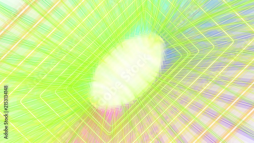 Bright neon green light tunnel with shifting geometric grids and glowing prismatic rays of energy
