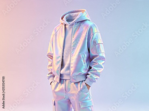 Futuristic holographic tracksuit on pastel gradient background