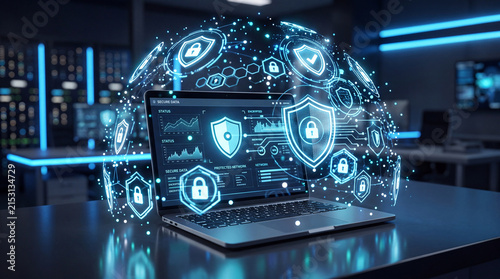 A laptop surrounded by glowing digital security icons against a dark background with blue accents, symbolizing data protection