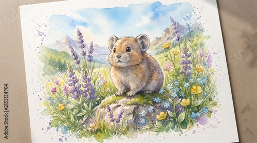 Pika, a small and charming mammal, is perched on a rock in a vibrant alpine meadow, surrounded by delicate lavender flowers and distant mountains, showcasing its natural habitat and delicate beauty.