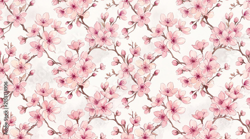 Seamless floral pattern featuring delicate pink cherry blossoms with soft watercolor backgrounds