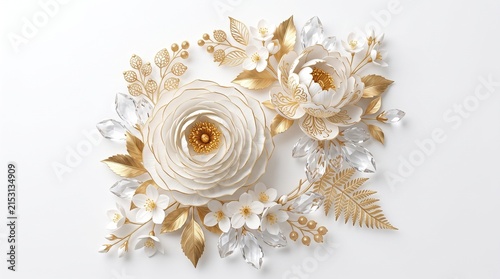 Premium floral composition with white flowers, golden foliage and ornamental branches