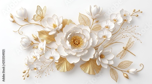 Elegant luxury flower arrangement with white blossoms and metallic gold botanical details