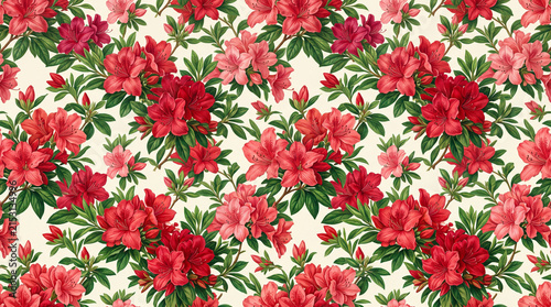 Seamless floral pattern featuring vibrant red and pink azalea flowers with lush green leaves on a light cream background