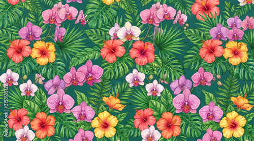 Vibrant seamless pattern of tropical flowers including hibiscus and orchids, surrounded by lush green leaves