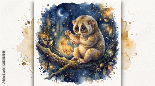 Loris, a small nocturnal primate, sits thoughtfully on a gnarled tree branch in a mystical watercolor forest at night, holding a glowing lantern that illuminates the magical starlit scene.