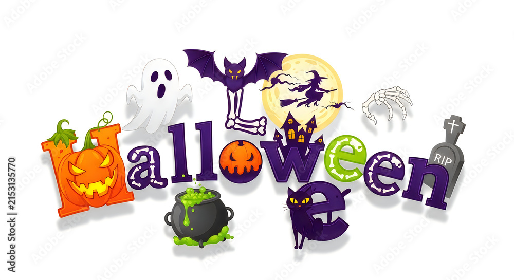 Fototapeta premium Colorful festive hallowen text design featuring spooky icons isolated on a white background