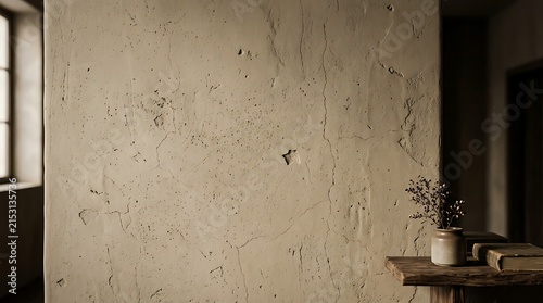 Vintage interior with textured wall and table.
