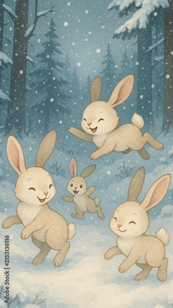 Obraz premium Playful rabbits in snowy forest mobile wallpaper