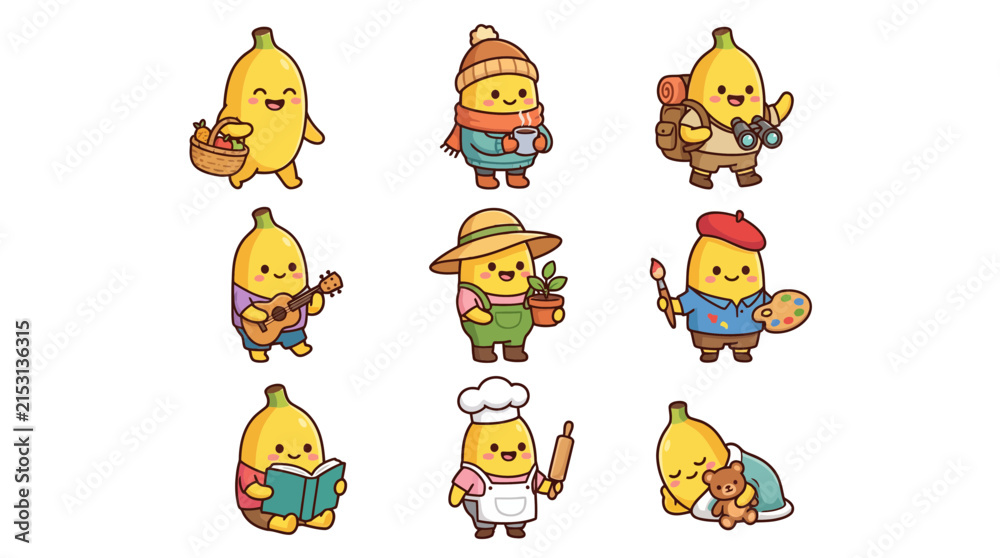 Obraz premium Banana characters depicting diverse hobbies and professions.