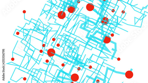 Fotografie Intricate cyan linear maze structure with vibrant red nodes representing data pa
