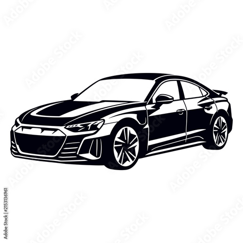 Black Luxury Sports Car Isolated on White Background, Sleek Shiny Automobile with Fast Sporty Design, Classic Style, Wheels and Detailed Bumper