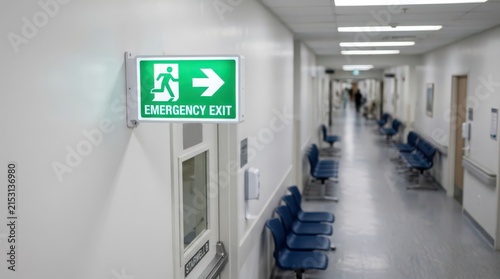 Bright green emergency exit sign with arrow pointing right in a long, empty hospital corridor.