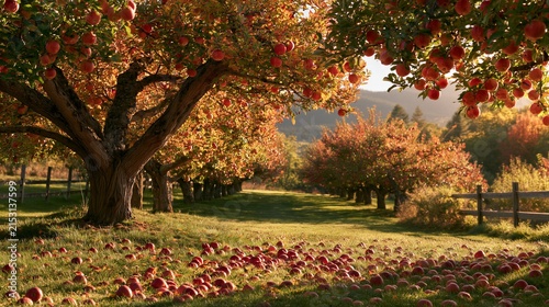 Red Apple Orchard at Golden Hour in Autumn with Fallen Fruit Scattered