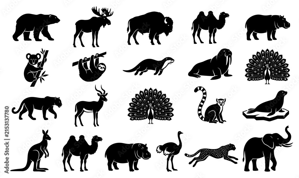 Obraz premium Wild Animal Silhouette Icon Set Featuring Mammals and Birds for Wildlife Preservation Graphic Designs, Nature Logos, and Zoo Educational Vector Illustrations