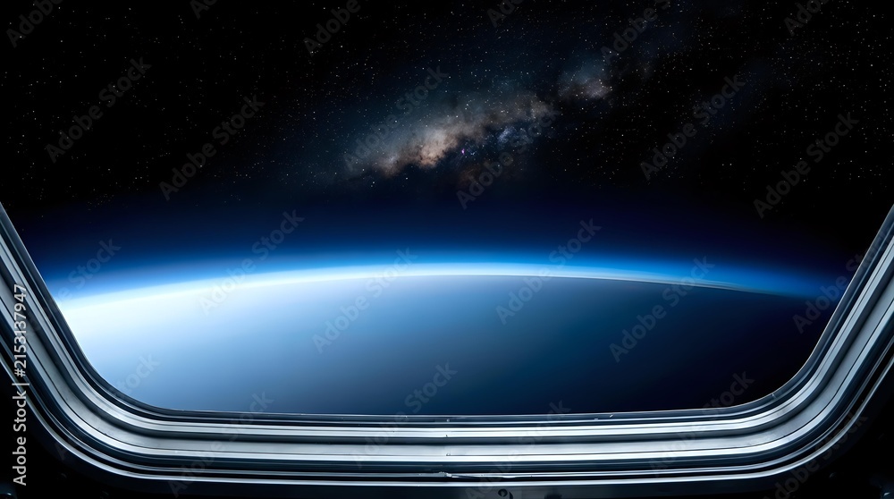 Fototapeta premium Earth horizon with Milky Way galaxy visible from spacecraft window