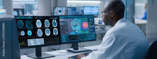 Medical professional reviewing advanced diagnostic imaging on multiple monitors in a modern healthcare laboratory, banner 
