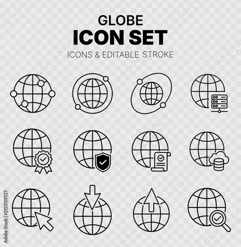 Global Network and Internet Globe Line Vector Icon Set, Editable Stroke