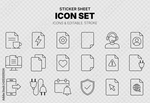 Document and File Management Line Vector Icon Set, Web UI Sticker Sheet