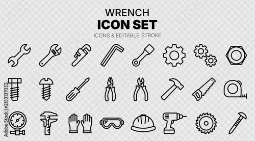 Wrench and Hardware Tool Line Vector Icon Set, Construction and Repair Outline