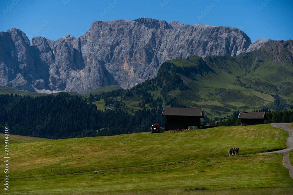 Obraz premium Alpe di Siusi at sunny morning sunrise, Dolomites mountains, Italy