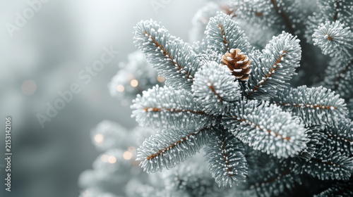 Frost Covered Pine Branch with Pinecone Close Up