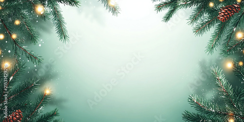 Festive Pine Branches Frame with Copy Space and Bokeh Lights